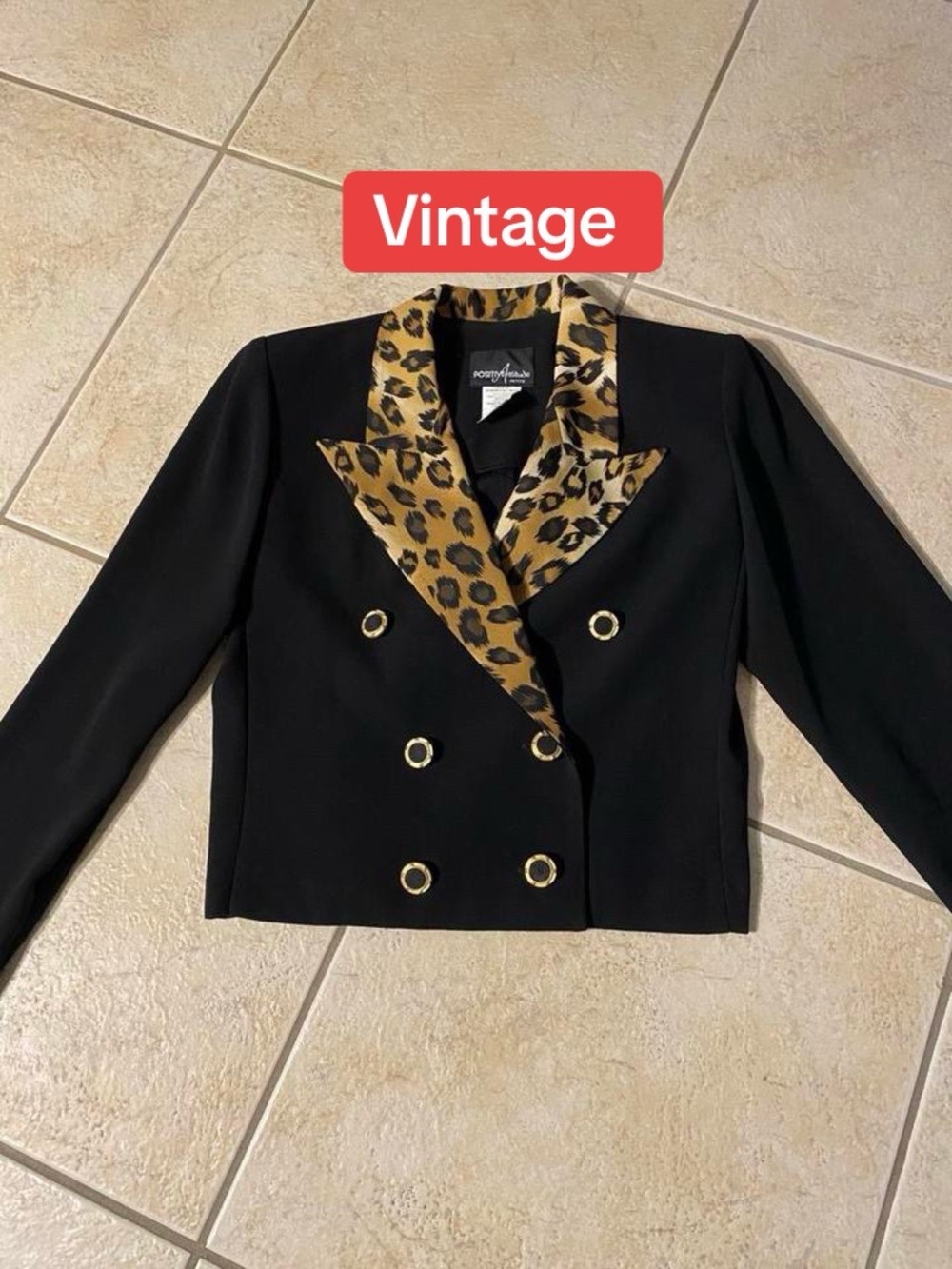 Vintage Black crop Blazer with Leopard print Collar